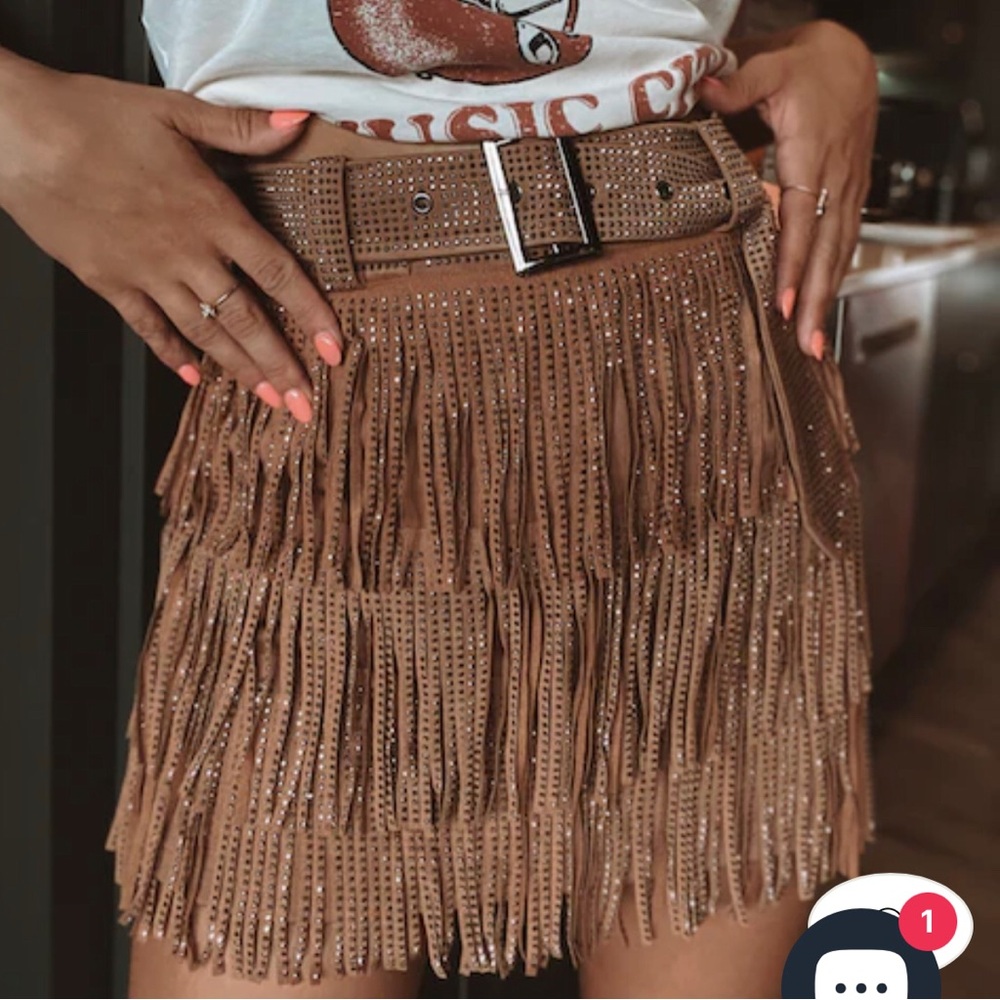 Nashville Babe Rhinestone Fringe mini skirt. Camel